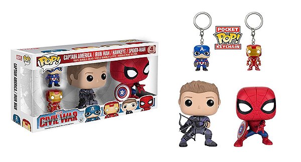 Funko Civil War 4Pack Hawkeye + Spider-man + 2 Chaveiros