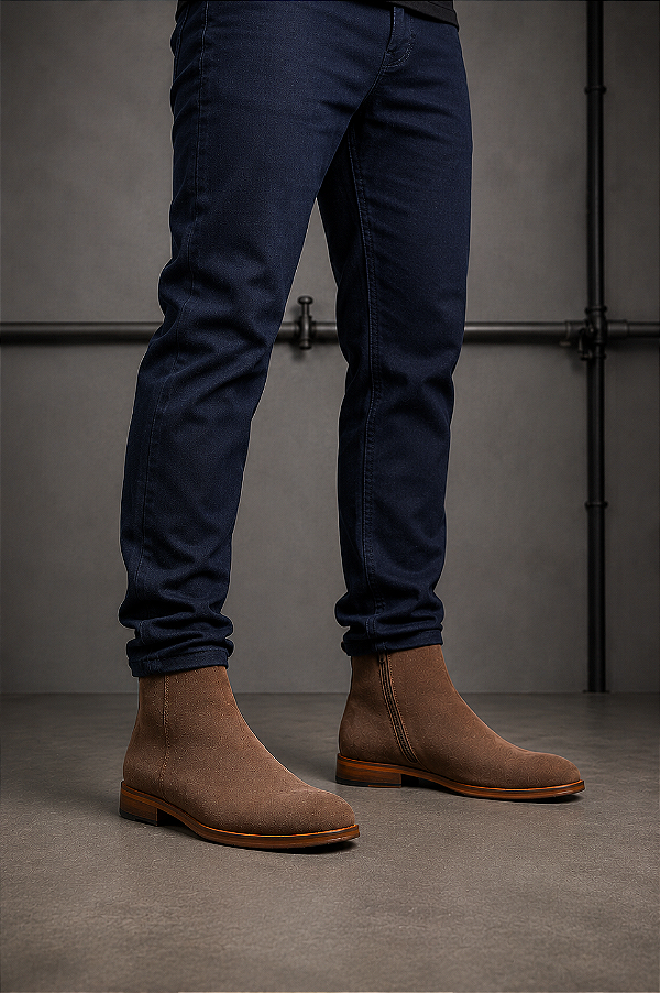 Bota Chelsea Masculina Zíper Lateral Couro Camurça Marrom Barcelona Design