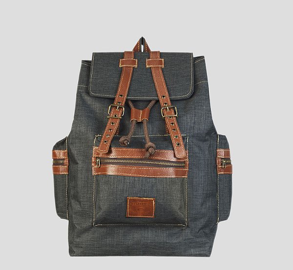 Mochila em couro legítimo e lona masculina executiva 3 bolsos externo Cairo - Cor Grafite - Tamanho M