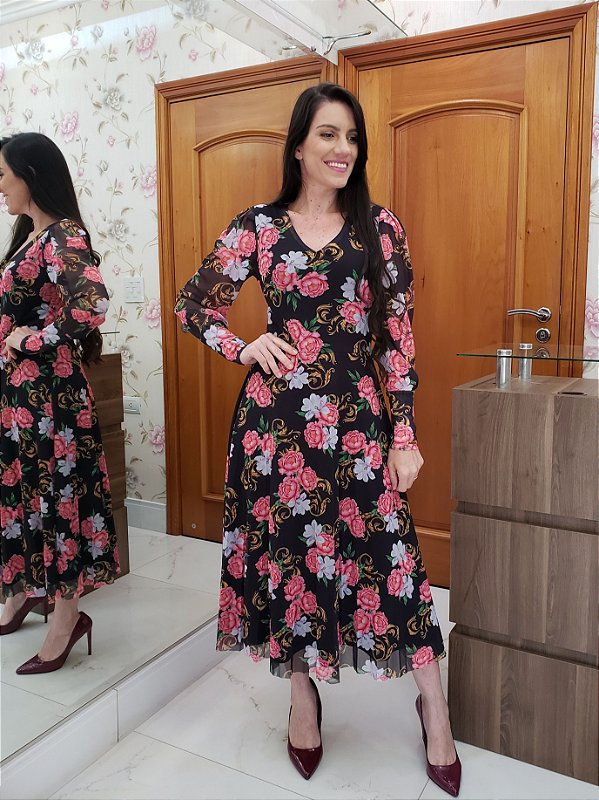 Vestido Plissado Midi Tule Floral
