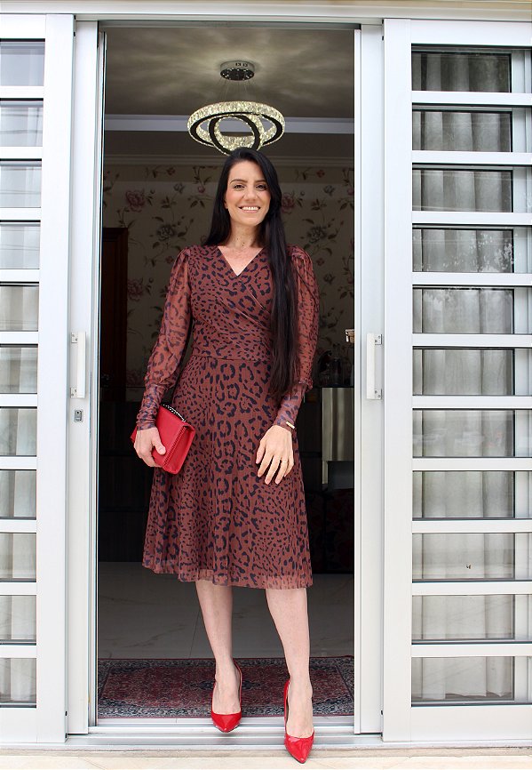 Vestido Tule Plissado Marrom