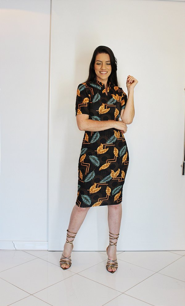 Vestido Tubinho Folhas Douradas