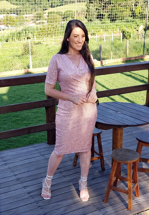 Vestido Tubinho Paetê Rosê