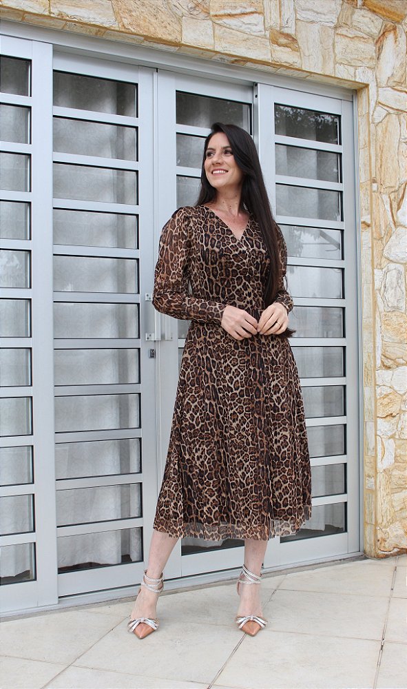 Vestido Midi Plissado Animal Print