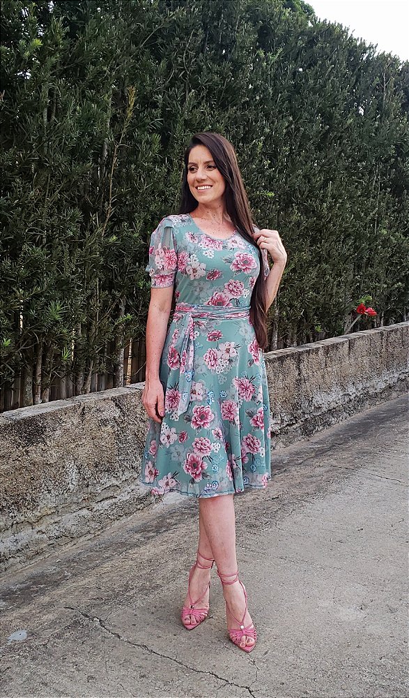Vestido Tule Floral Verde Menta