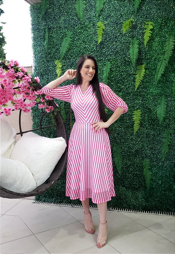 Vestido Midi Tule Listras Pink