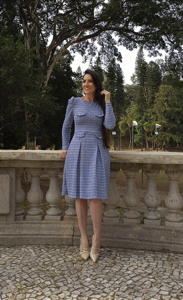 Vestido Com Pregas Tweed Azul Jeans