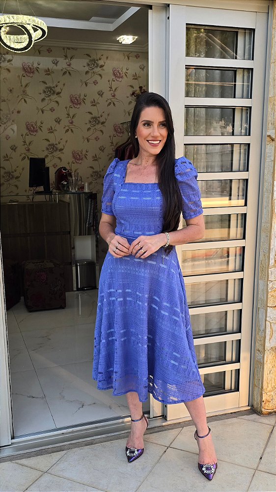 Vestido Midi Renda Azul
