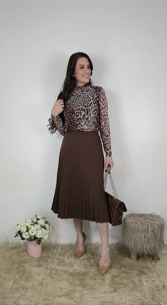Blusa Tule Animal Print Marrom