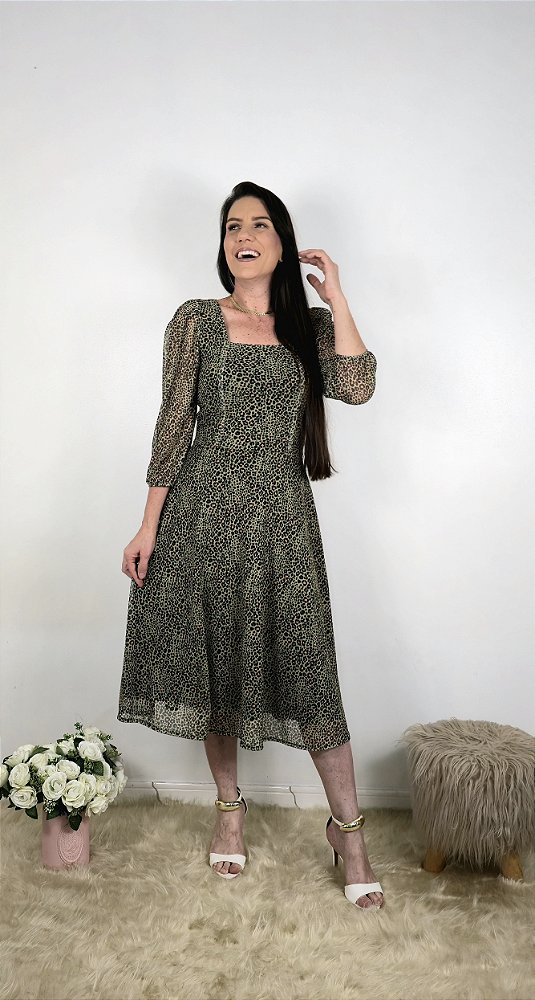 Vestido Midi Verde Animal Print