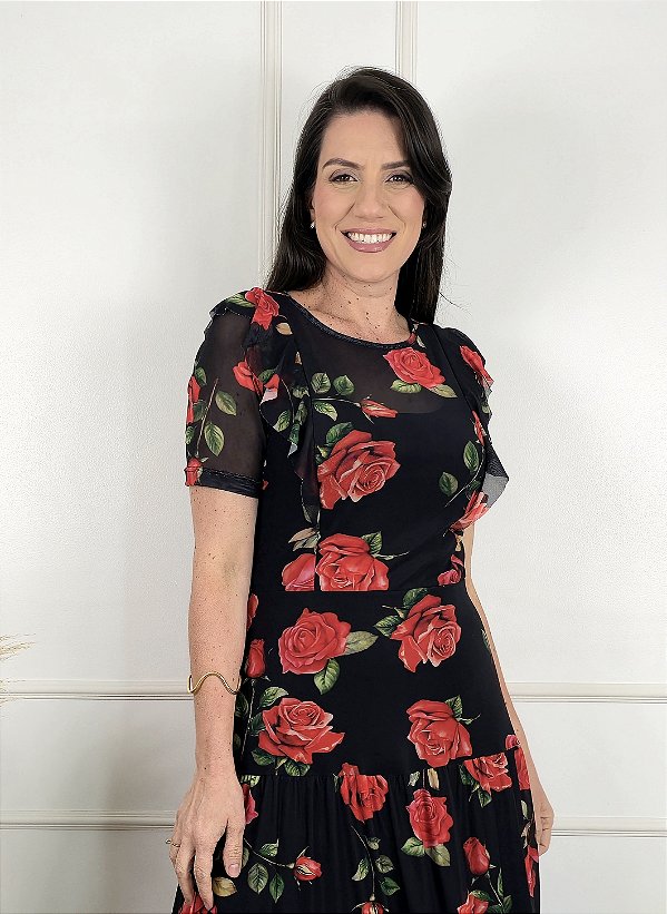 Vestido Midi Tule Rosas Vermelhas