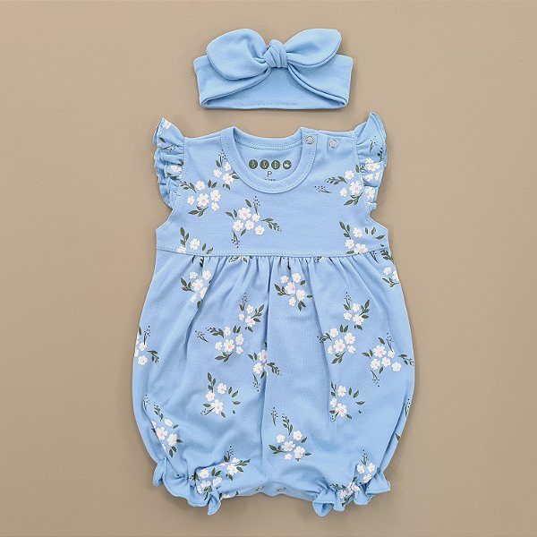 Romper Menina Floral Azul com Faixa de Cabelo - Azul Bebê