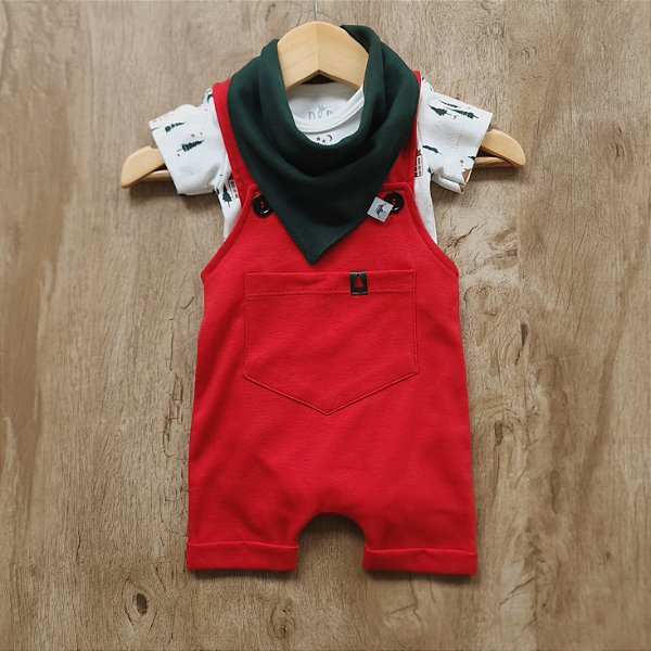CONJUNTO JARDINEIRA NATAL VERMELHA, BABADOR BANDANA VERDE E BODY MANGA CURTA NATAL ENCANTADO