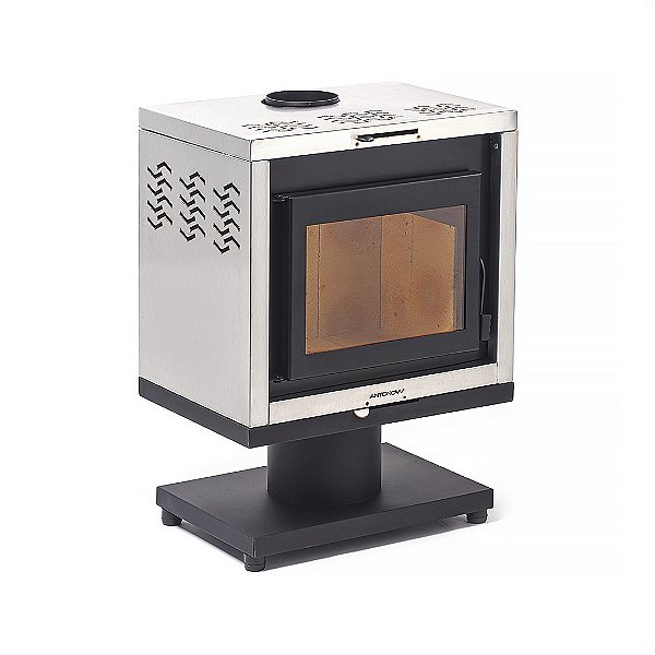 Calefator a Lenha — Thessa 35 — Preto com Inox — Dupla Combustão