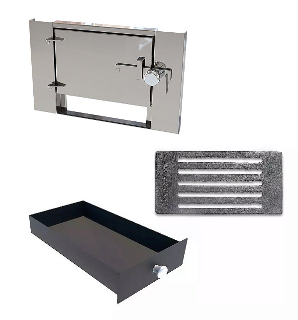 Kit Porta Inox + Gaveta Cinzeiro + Grelha — Para Fogão a Lenha — Campeiro em Alvenaria