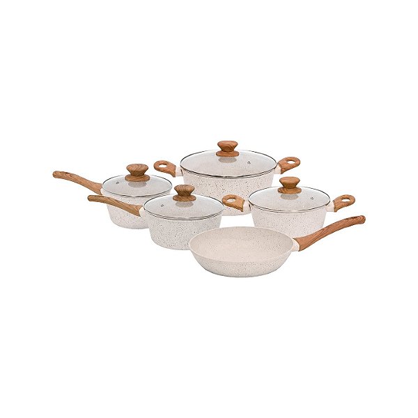 Conjunto de Panelas — 5 Peças — Revestimento Cerâmico — Fundo Triplo — Cook Mármol — Mimo Style
