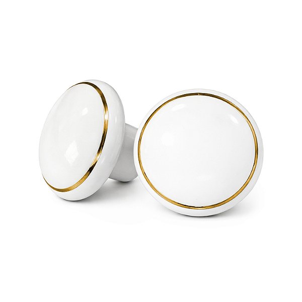 Kit 10 Puxadores Cerâmicos — Porcelana — Branco — Filete Dourado
