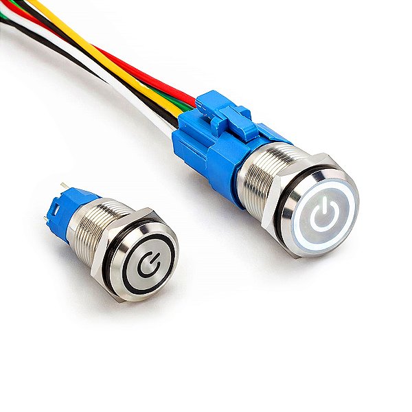 Botão Start Power 19 mm Inox — Com Trava e Soquete — Led Branco — 12V