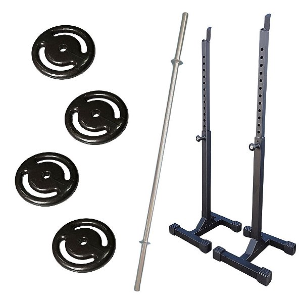 KIT INICIANTE: CAVALETE SEPARADO PARA BÍCEPS E AGACHAMENTO + BARRA RETA 150CM TUBULAR + ANILHAS