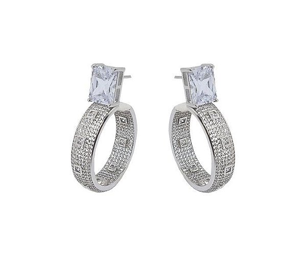 MEIA ARGOLA MICROCRAVEJADA COM BASE RETANGULAR CRISTAL BANHADA A RÓDIO