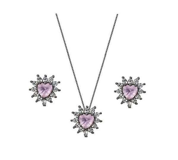 CONJUNTO CORAÇÃO EM ZIRCÔNIA KUNZITA BANHADO A RÓDIO NEGRO