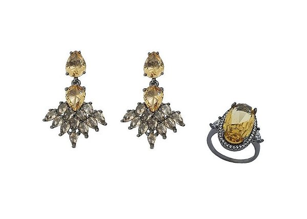 CONJUNTO DE BRINCOS E ANEL COM PEDRA TOPÁZIO IMPERIAL BANHADO A RÓDIO NEGRO
