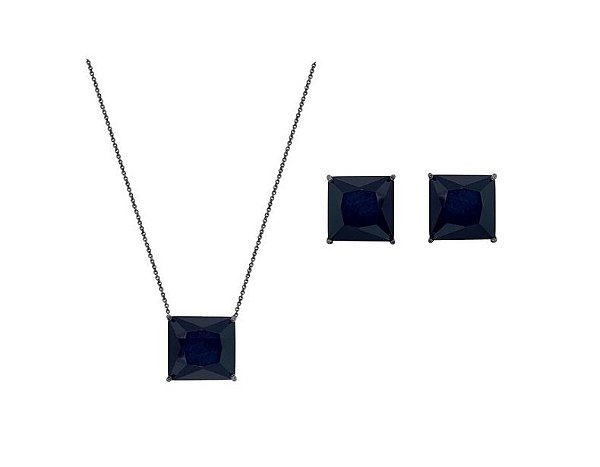 CONJUNTO PEDRA QUADRADA NEGRA BANHADO A RÓDIO NEGRO