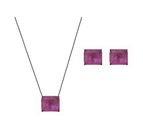 CONJUNTO PEDRA RETANGULAR FUCSIA FUSION BANHADO A RÓDIO NEGRO