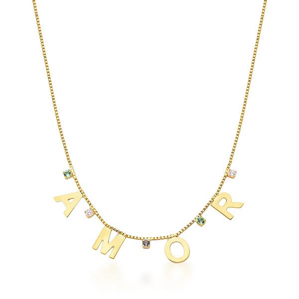 COLAR "AMOR" COM PONTOS DE ZIRCÔNIAS COLORIDAS BANHADO A OURO