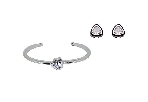 CONJUNTO DE BRINCOS E BRACELETE COM PEDRA TRIANGULAR BANHADO A RÓDIO BRANCO