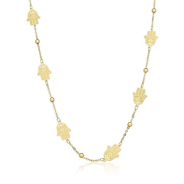 COLAR LONGO COM PINGENTES MÃO DE FÁTIMA BANHADO A OURO