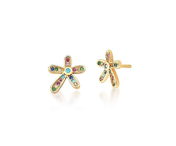 BRINCO FLOR COM CRAVAÇÃO COLORIDA BANHADA A OURO