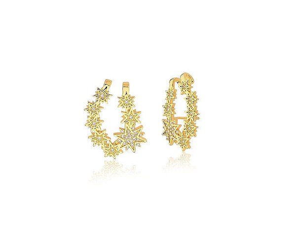 BRINCO EAR HOOK COM ESTRELAS CRAVEJADAS BANHADO A OURO