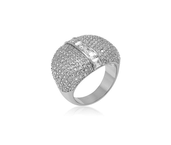 ANEL LARGO CRAVEJADO COM FILEIRA DE BAGUETES BANHADO A RÓDIO BRANCO