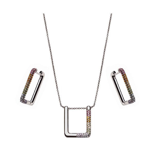 CONJUNTO RETANGULAR COM CRAVAÇÃO LATERAL COLORIDA BANHADO A RÓDIO