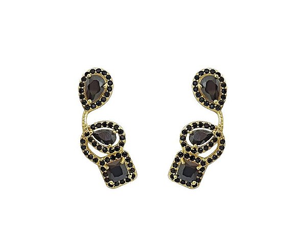 BRINCO EAR CUFF COM GOTA CENTRAL NEGRA  BANHADO A OURO