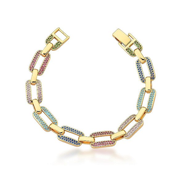 PULSEIRA ELOS RETANGULARES COM CRAVAÇÃO COLORIDA BANHADA A OURO