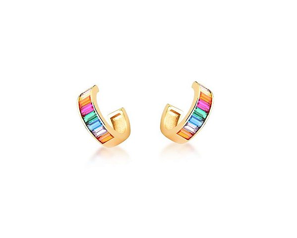 PAR DE PIERCING BAGUETADO COLORIDO BANHADO A OURO