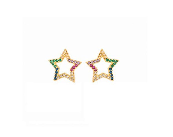BRINCO ESTRELA VAZADA COLORIDA BANHADO A OURO