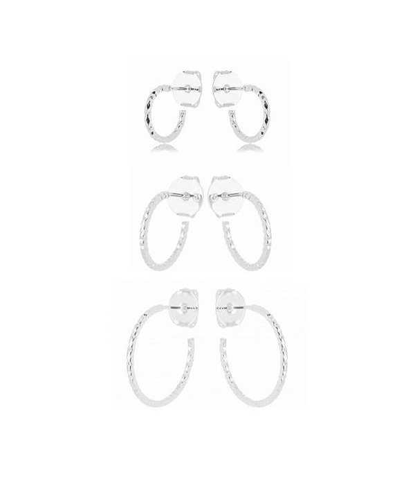 TRIO DE ARGOLAS TRABALHADAS LISAS BANHADO A RÓDIO BRANCO