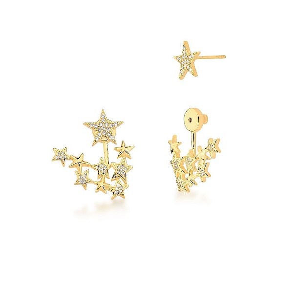 BRINCO EAR JACKET COM ESTRELAS CRAVEJADAS BANHADO A OURO