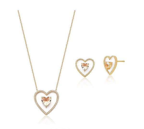CONJUNTO CORAÇÃO MORGANITA COM CRAVAÇÃO LATERAL BANHADO A OURO
