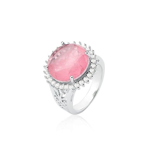 ANEL COM PEDRA REDONDA LIGHT PINK FUSION BANHADO A RÓDIO