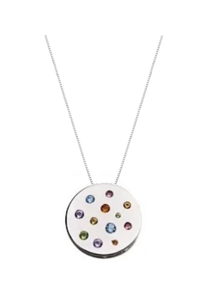 COLAR COM PINGENTE REDONDO COM CRAVAÇÃO LATERAL COLORIDA BANHADO A RÓDIO