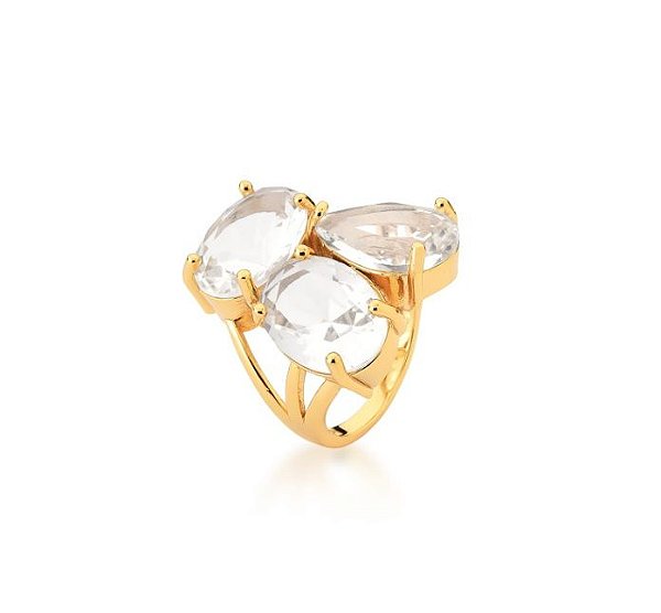 ANEL COM TRÊS CRISTAIS TRANSPARENTES BANHADO A OURO