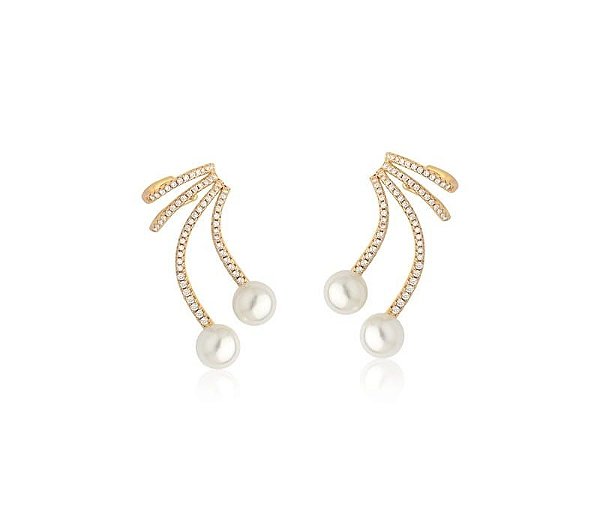 BRINCO EAR CUFF CRAVEJADO COM DUAS PÉROLAS BANHADO A OURO