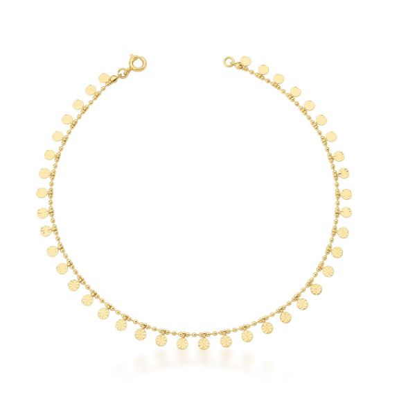 TORNOZELEIRA COM GRANULAÇÃO E MEDALHAS BANHADA A OURO