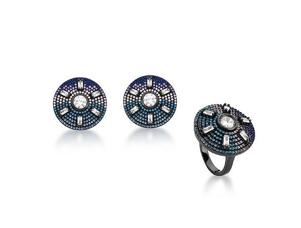 CONJUNTO PIZZA GRANDE COM CRAVAÇÃO COLORIDA BANHADO A RÓDIO NEGRO