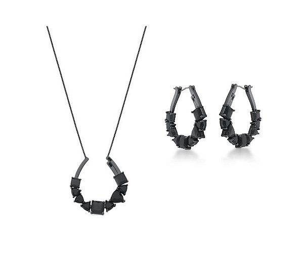 CONJUNTO DE ARGOLAS E COLAR CURVOS COM CRISTAIS NEGROS