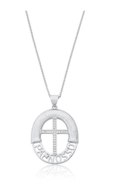 COLAR PAI NOSSO COM CRUZ CRAVEJADA BANHADO A RÓDIO BRANCO